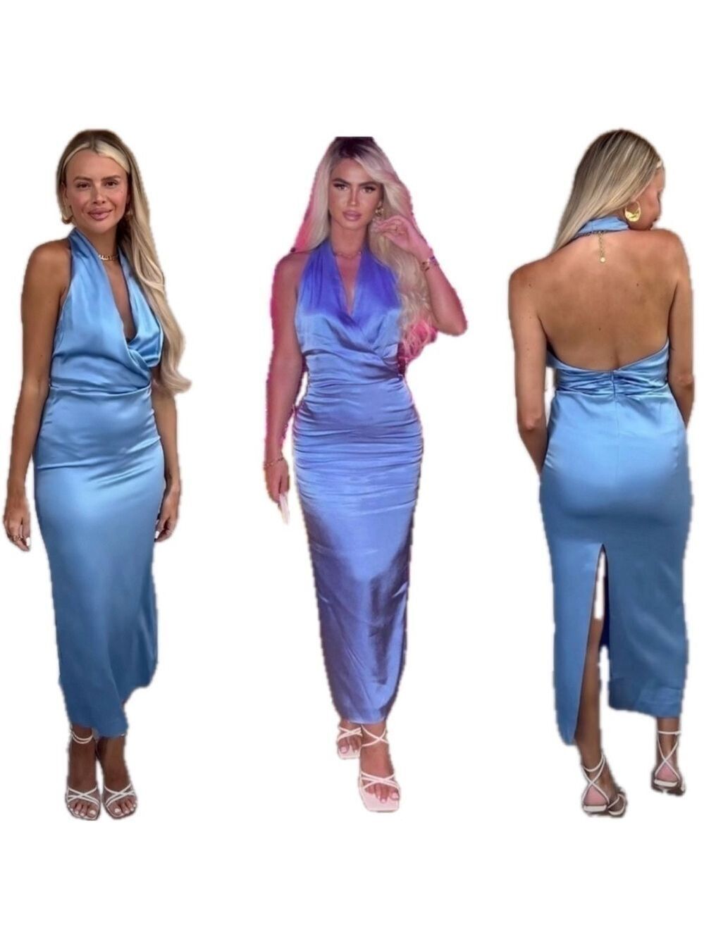 Zara blue satin effect halter top ruched open back midi slip dress NWT